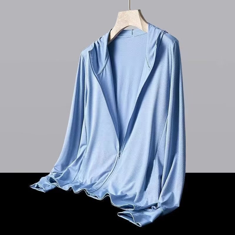 Clothing Mesh Ice Silk Sunscreen Jacket for Men in Summer, Thin cardigan style hooded breathable outdoor fishing jacket