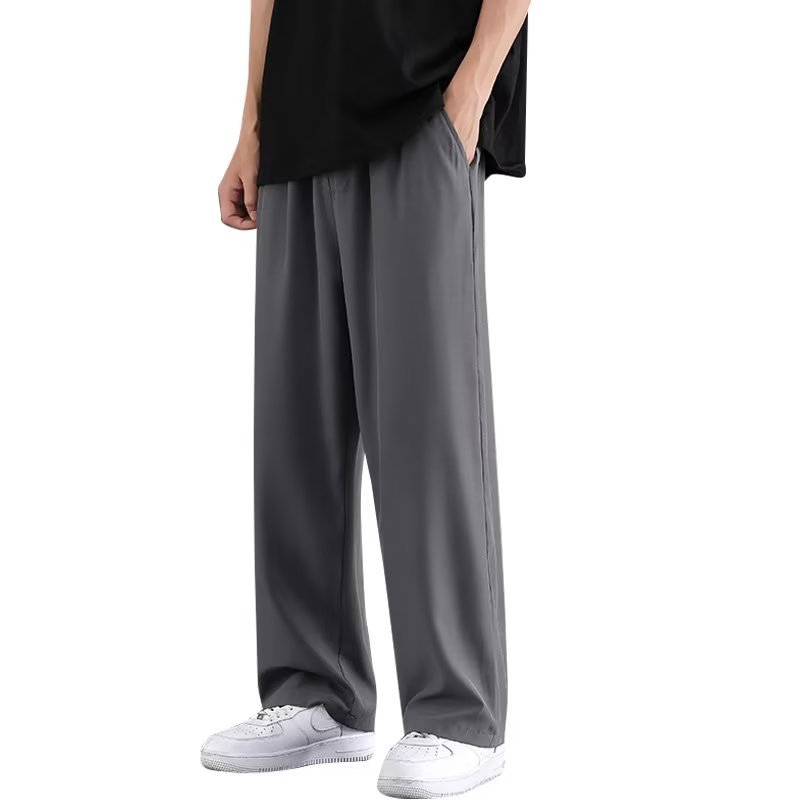 Clothing straight tube ice silk pants for men in summer, solid color, simple Hong Kong style, loose fit, large size, hanging down, floor length pants