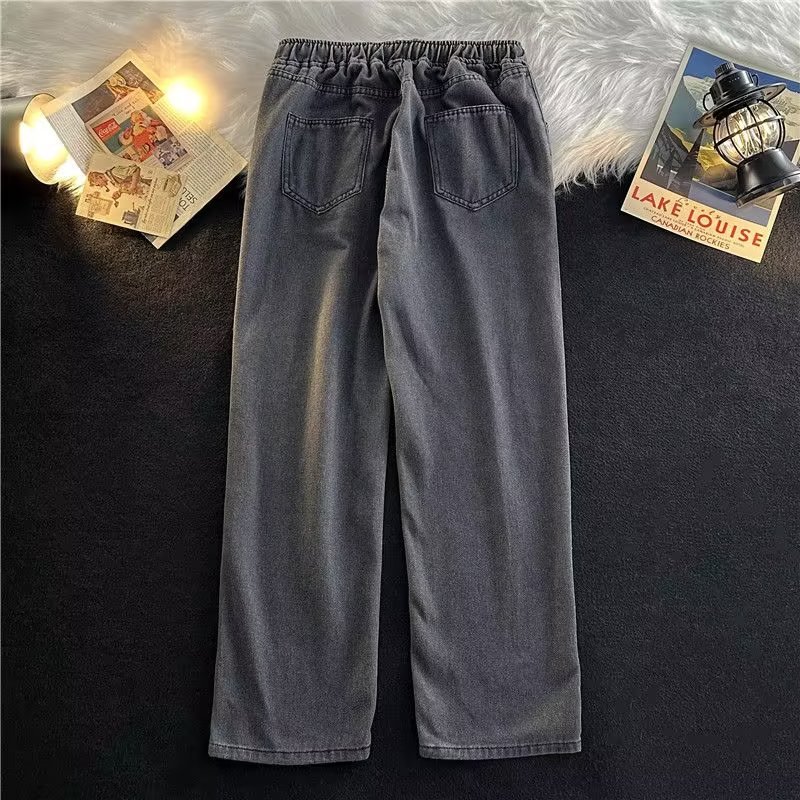 Elastic waisted denim pants for men, spring and autumn floor pants, loose straight leg deep blue long pants, wide legs Elastic waisted denim pants for men, spring and autumn floor pants, loose straight leg deep blue long pants, wide legs