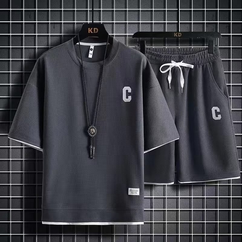 Sports suit men's summer loose casual short sleeved shorts waffle youth student clothes Sports suit men's summer loose casual short sleeved shorts waffle youth student clothes