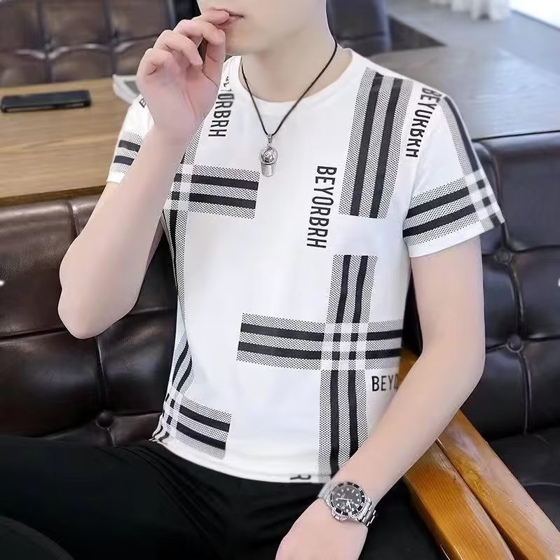 Ice silk quick drying short sleeved T-shirt men's summer trend men's T-shirt slim fit round neck half sleeved clothes