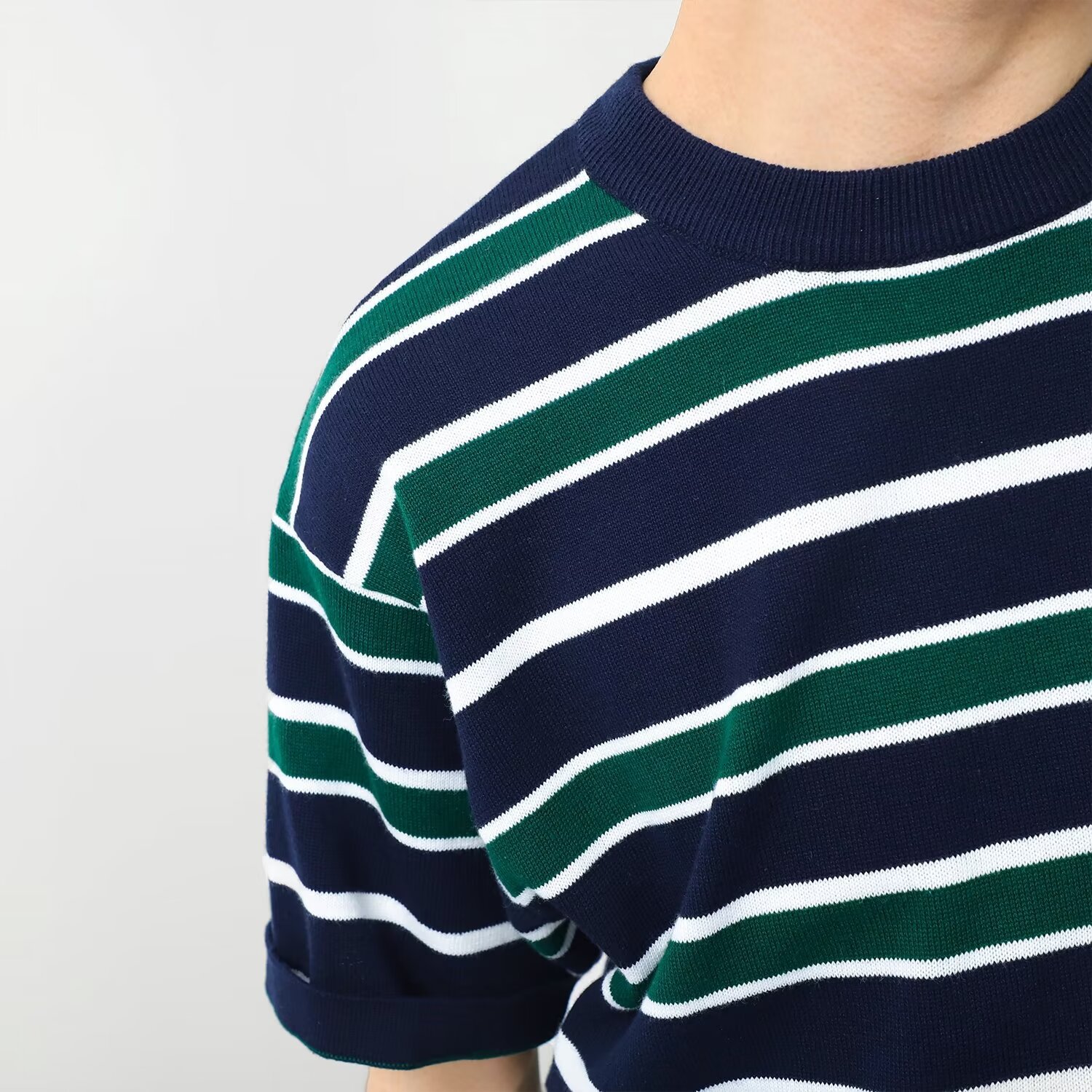 Striped Knitted Shirt Men's Trendy Versatile Casual Short Sleeve T-shirt Men's Round Neck Half Sleeve T-shirt Base Shirt T Striped Knitted Shirt Men's Trendy Versatile Casual Short Sleeve T-shirt Men's Round Neck Half Sleeve T-shirt Base Shirt T