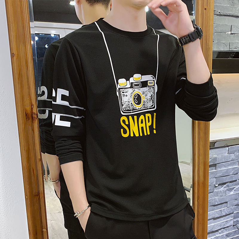 Long sleeved T-shirt men's autumn new Korean version new campus minimalist slim fit casual round neck printed trendy top Long sleeved T-shirt men's autumn new Korean version new campus minimalist slim fit casual round neck printed trendy top