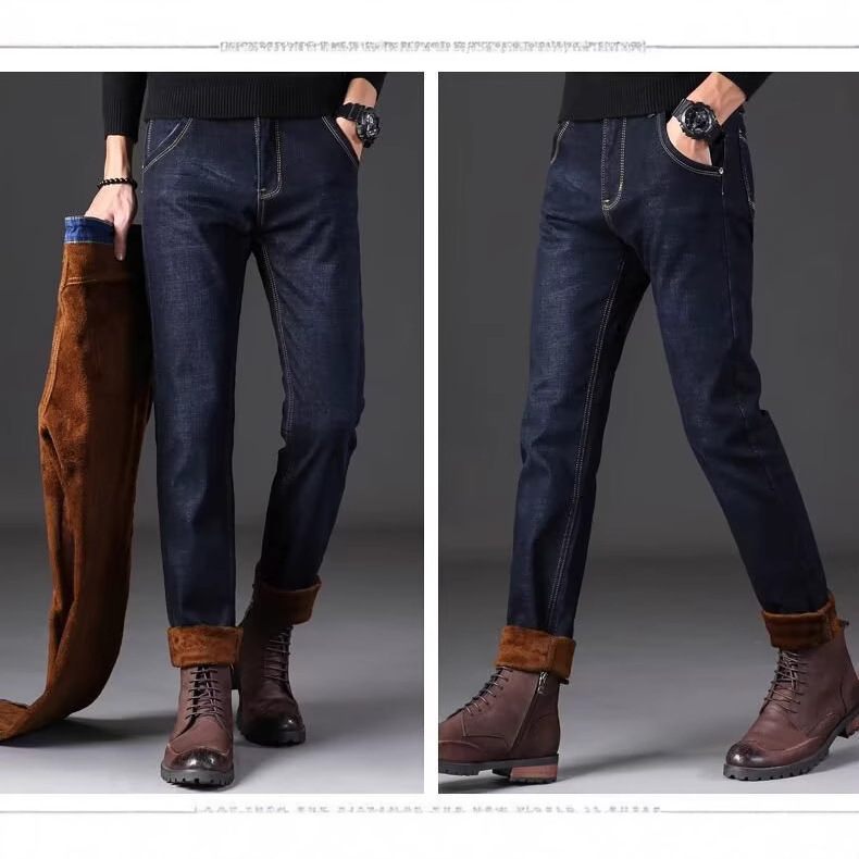 New clothing with fleece jeans for men, versatile for business, casual, wear-resistant, washed straight leg pants for men in autumn and winter