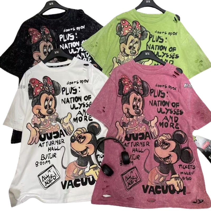 H Cross border Wash Water Trend Brand 2025 Summer Heavy Industry Minnie Cartoon Cute Age Reducing Large Edition Fashion Medium length Short sleeved T-shirt Trend H Cross border Wash Water Trend Brand 2025 Summer Heavy Industry Minnie Cartoon Cute Age Reducing Large Edition Fashion Medium length Short sleeved T-shirt Trend