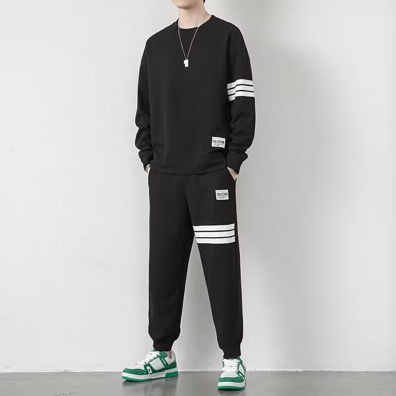 Clothing men's casual sports suit autumn new striped splicing two-piece set round neck sweatshirt loose jacket