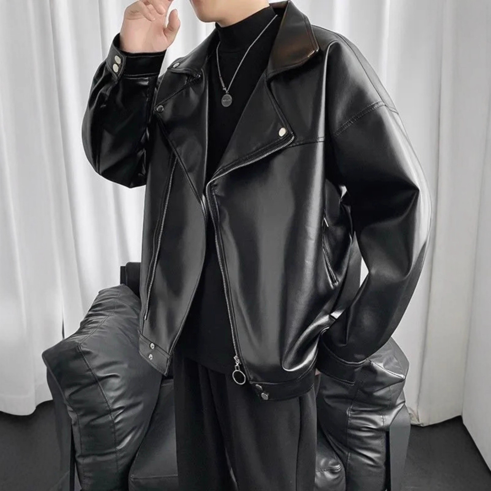 Versatile leather jacket for men, leather jacket for couples, spring and autumn American trend, cool and loose oversized motorcycle suit