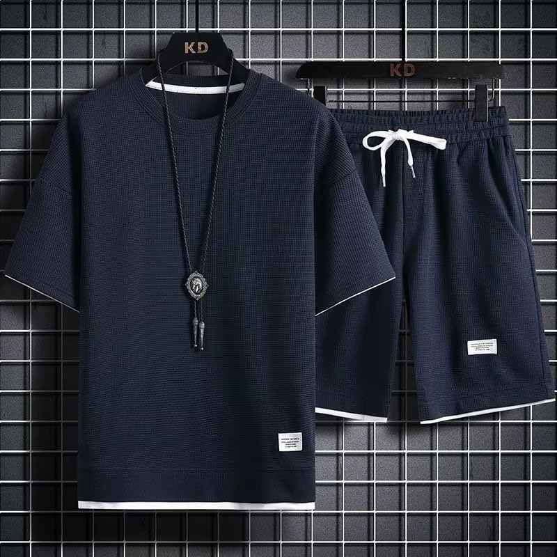 Huafu Ge sports and leisure suit men's short sleeved shorts wholesale Hong Kong style loose vacation two pieces in stock Huafu Ge sports and leisure suit men's short sleeved shorts wholesale Hong Kong style loose vacation two pieces in stock