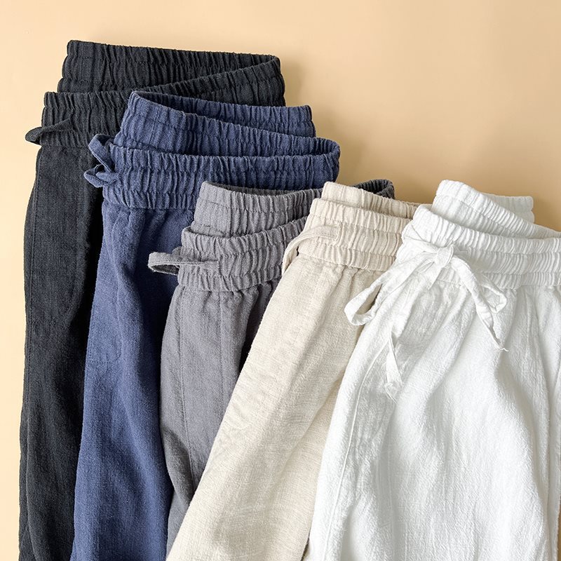 Cotton and linen pants for men in summer, thin, loose, hanging, straight tube, wide leg, ice silk, linen, long pants, trendy and oversized