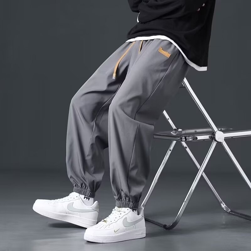 Summer new ice silk men's pants with a hanging feeling, wide legs, loose fit, sports straight leg casual pants, men's Hong Kong style trend