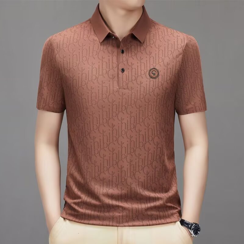 Men's short sleeved high-end father's casual thin half sleeved ice silk printed business polo shirt Men's short sleeved high-end father's casual thin half sleeved ice silk printed business polo shirt