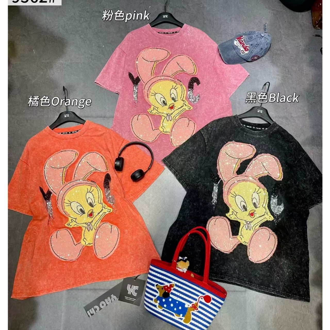 Sweet plus size T-shirt short sleeved women's autumn new style loose cartoon top trendy rabbit patch tie dye