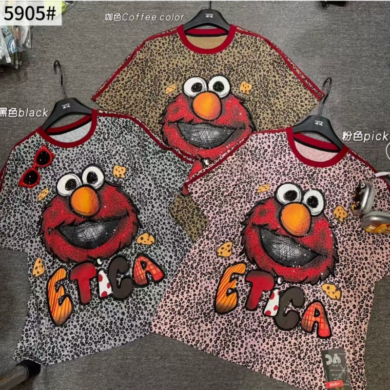 Sesame Street Emon Retro VTG Short sleeved T-shirt American Heavy duty Washed Outdated Cross border Printed Men's and Women's T-shirt Trendy