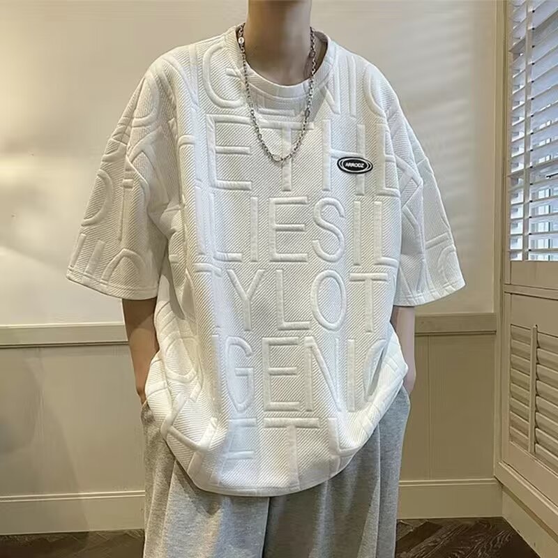 Summer Jacquard Short sleeved T-shirt Men's Trendy Brand Loose Heavy Half Sleeve Hong Kong Style Trendy Couple Versatile T-shirt Summer Jacquard Short sleeved T-shirt Men's Trendy Brand Loose Heavy Half Sleeve Hong Kong Style Trendy Couple Versatile T-shirt