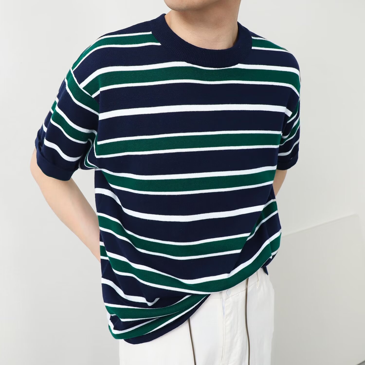 Striped Knitted Shirt Men's Trendy Versatile Casual Short Sleeve T-shirt Men's Round Neck Half Sleeve T-shirt Base Shirt T Striped Knitted Shirt Men's Trendy Versatile Casual Short Sleeve T-shirt Men's Round Neck Half Sleeve T-shirt Base Shirt T