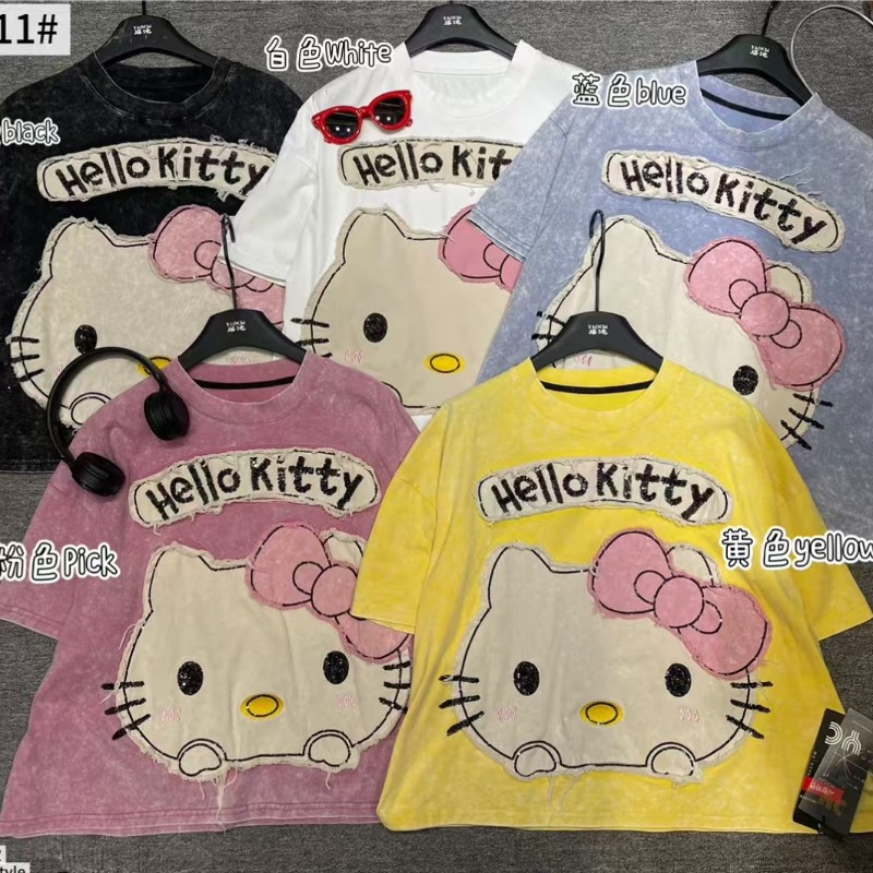 2025 Summer New Design Sense HelloKitty Cat Short sleeved T-shirt Women's Loose Large Edition Short Washed Vintage Trend
