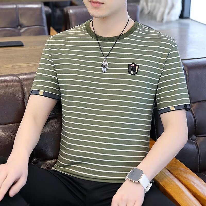 Men's short sleeved T-shirt, summer round neck loose half sleeved trendy brand versatile striped youth men's T-shirt, casual on top