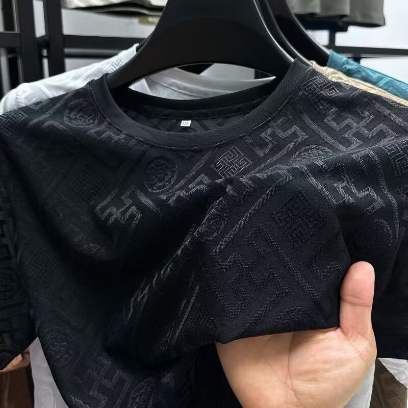 2025 New Short sleeved Ice Silk T-shirt Summer 3D 3D Jacquard Men's Quick drying Round Neck Top for Men 2025 New Short sleeved Ice Silk T-shirt Summer 3D 3D Jacquard Men's Quick drying Round Neck Top for Men