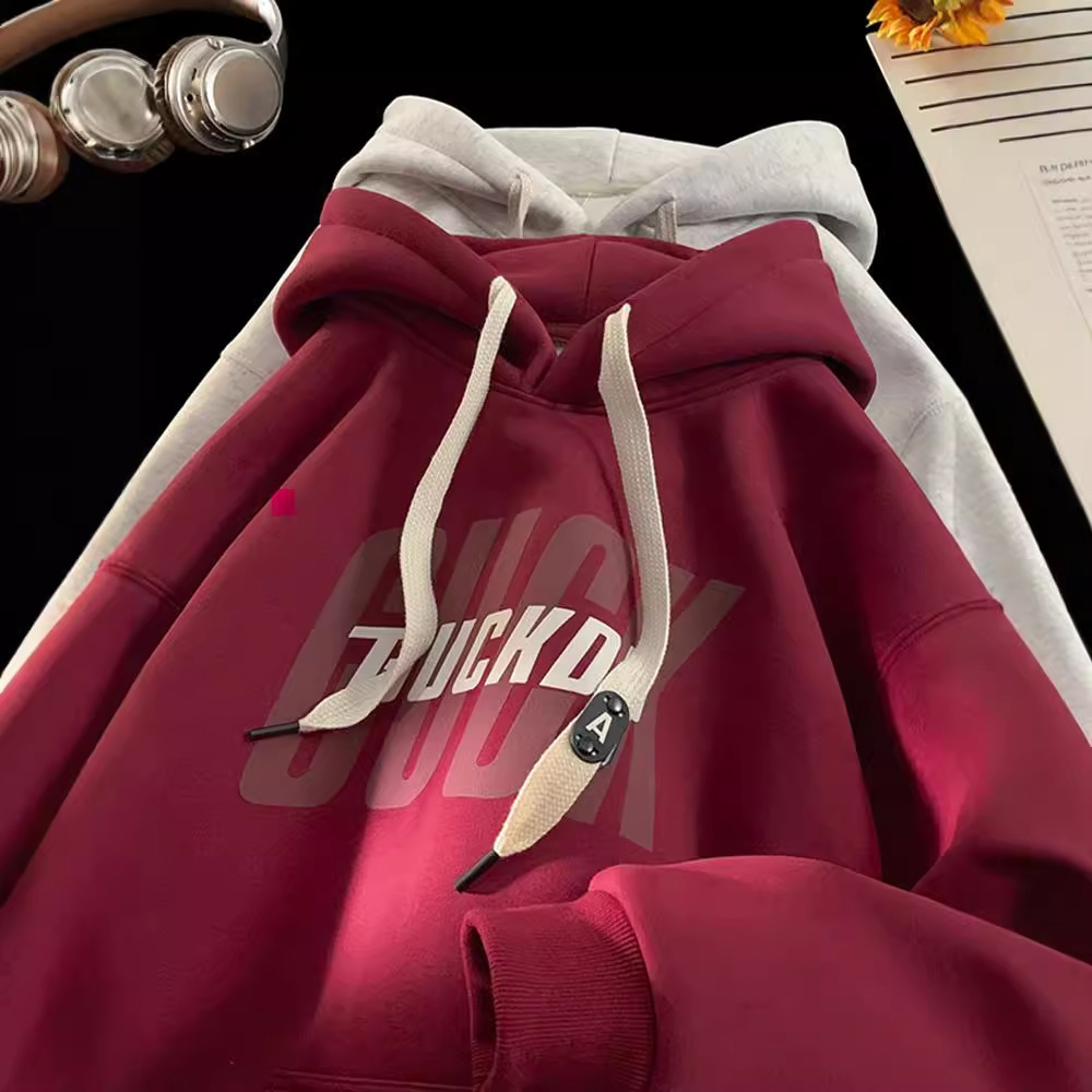 Cross border hooded sweatshirt men's style Spring and Autumn American foreign trade trend brand youth autumn and winter wine red plus velvet hooded jacket