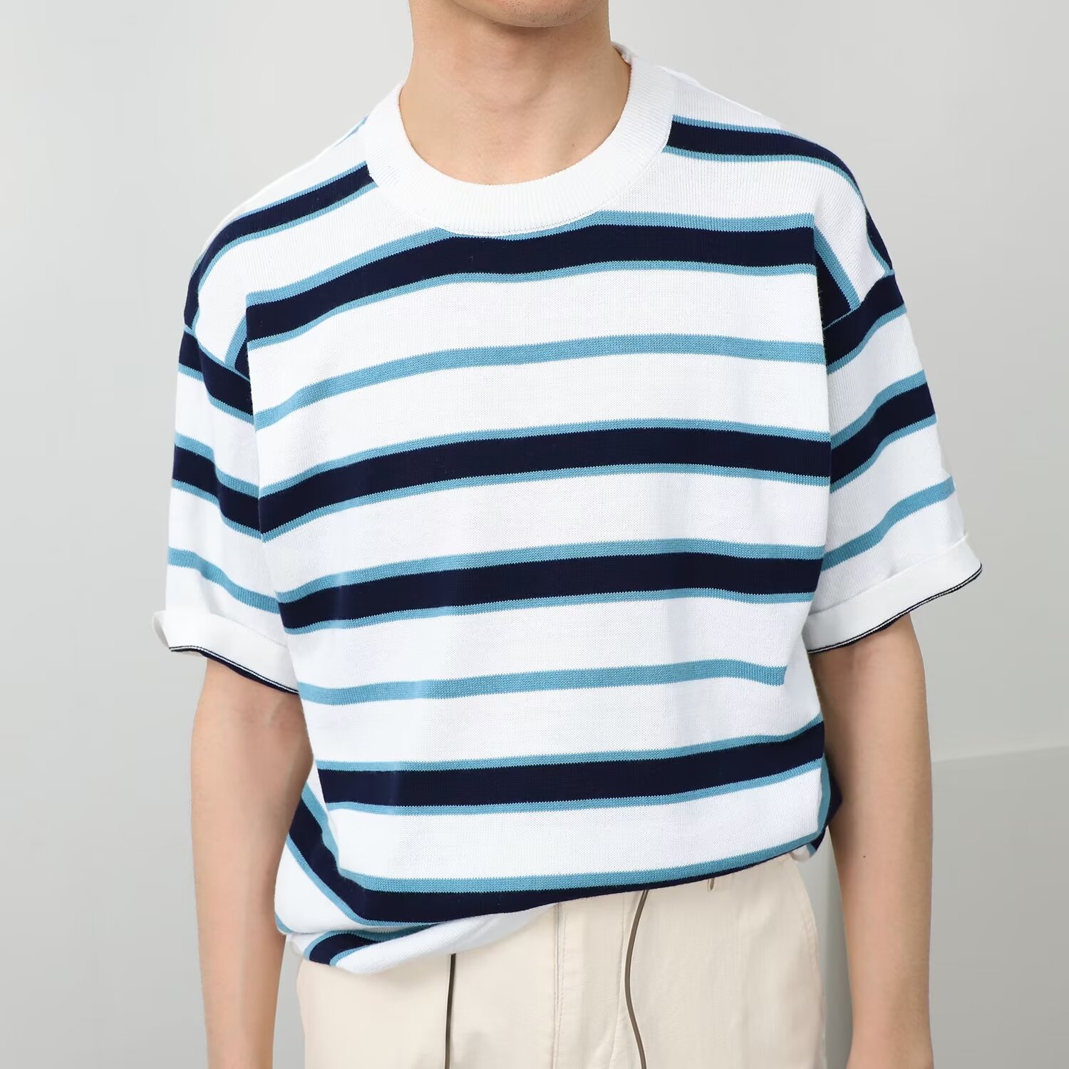 Striped Knitted Shirt Men's Trendy Versatile Casual Short Sleeve T-shirt Men's Round Neck Half Sleeve T-shirt Base Shirt T Striped Knitted Shirt Men's Trendy Versatile Casual Short Sleeve T-shirt Men's Round Neck Half Sleeve T-shirt Base Shirt T