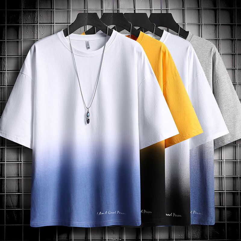 Summer short sleeved t-shirt for men, ins gradient half sleeved handsome loose Hong Kong style top, five quarter sleeved shirt, trendy T-shirt