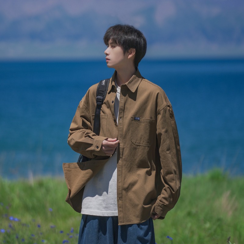 Japanese black workwear loose long sleeved shirt jacket men's jacket spring and autumn style shirt retro versatile Japanese black workwear loose long sleeved shirt jacket men's jacket spring and autumn style shirt retro versatile