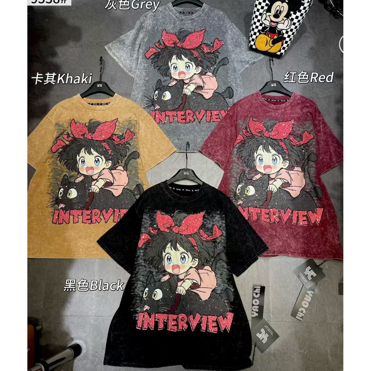 Kawaii plus size trendy American washed vintage cartoon short sleeved T-shirt loose high street trendy top for women