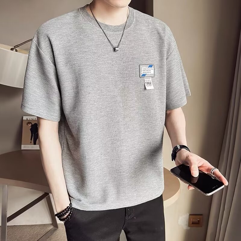 Waffle Short sleeved T-shirt Men's Trendy Brand Summer New Style Loose Round Neck Half Sleeve Thin Short Sleeve
