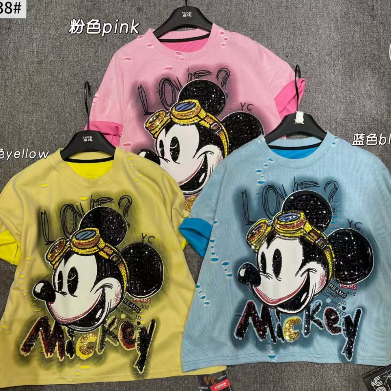 European goods weighing 1-200 pounds, plus size, plus millimeter, heavy industry sequins, cartoon bead embroidery, short sleeved T-shirt, loose and versatile women's top