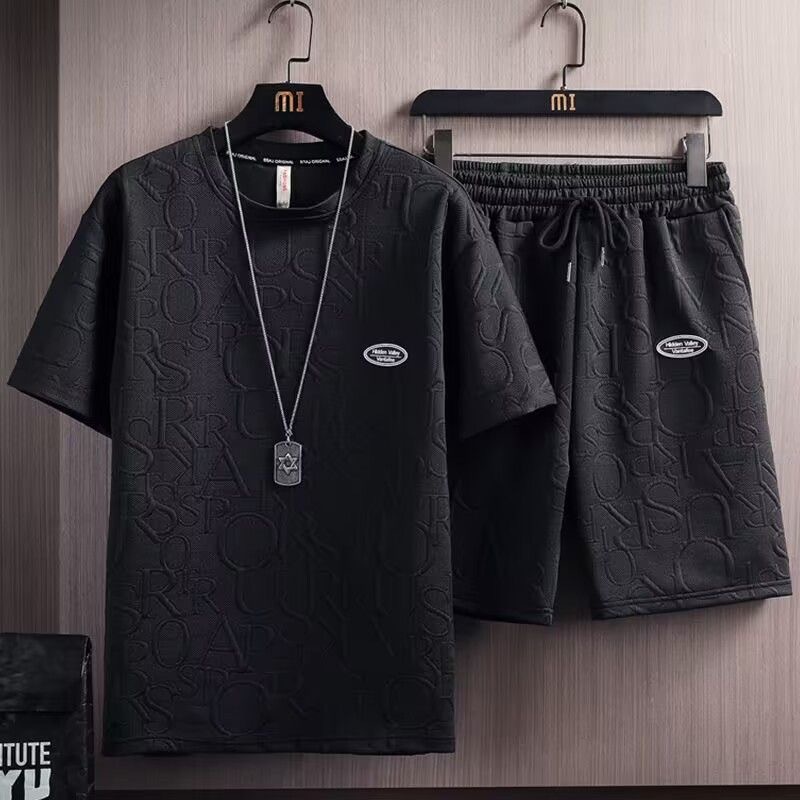 Summer set men's trendy versatile loose casual short sleeved T-shirt, waffle top shorts men Summer set men's trendy versatile loose casual short sleeved T-shirt, waffle top shorts men