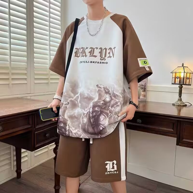 New waffle style men's casual sports suit for Hong Kong style loose fit plus size summer handsome youth short sleeved wholesale