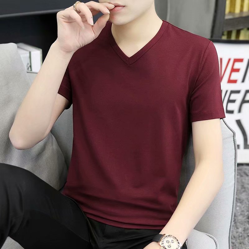 Short sleeved T-shirt men's V-neck summer Korean version slim fit white base shirt versatile men's heart-shaped collar half sleeved T-shirt trend