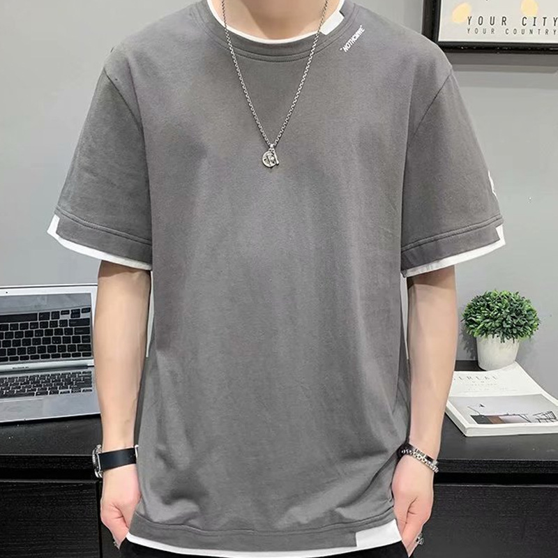 Short sleeved T-shirt men's clothing summer 2022 half sleeved fake two-piece top summer loose fit T-shirt geometric print Short sleeved T-shirt men's clothing summer 2022 half sleeved fake two-piece top summer loose fit T-shirt geometric print