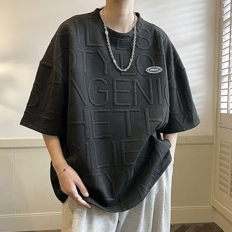 Summer Jacquard Short sleeved T-shirt Men's Trendy Brand Loose Heavy Half Sleeve Hong Kong Style Trendy Couple Versatile T-shirt