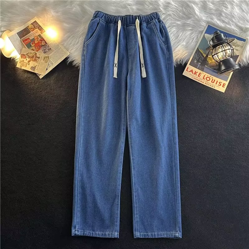 Elastic waisted denim pants for men, spring and autumn floor pants, loose straight leg deep blue long pants, wide legs Elastic waisted denim pants for men, spring and autumn floor pants, loose straight leg deep blue long pants, wide legs