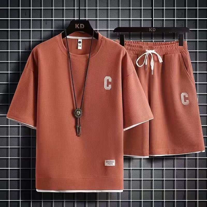 Sports suit men's summer loose casual short sleeved shorts waffle youth student clothes Sports suit men's summer loose casual short sleeved shorts waffle youth student clothes