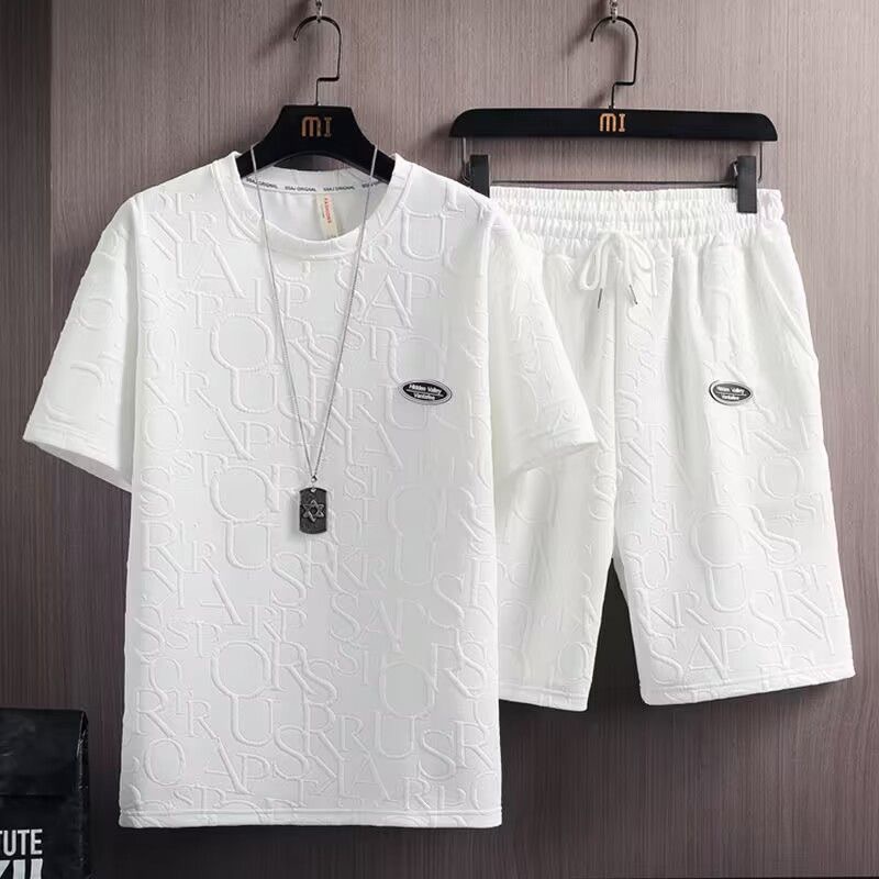 Summer set men's trendy versatile loose casual short sleeved T-shirt, waffle top shorts men Summer set men's trendy versatile loose casual short sleeved T-shirt, waffle top shorts men