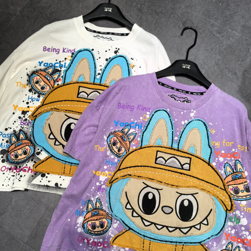 2025 Top selling Labubu Small and Skinny T Couple Cute Male and Female Heavy Industry Extra Large Bead Embroidered Short Sleeve 2025 Top selling Labubu Small and Skinny T Couple Cute Male and Female Heavy Industry Extra Large Bead Embroidered Short Sleeve