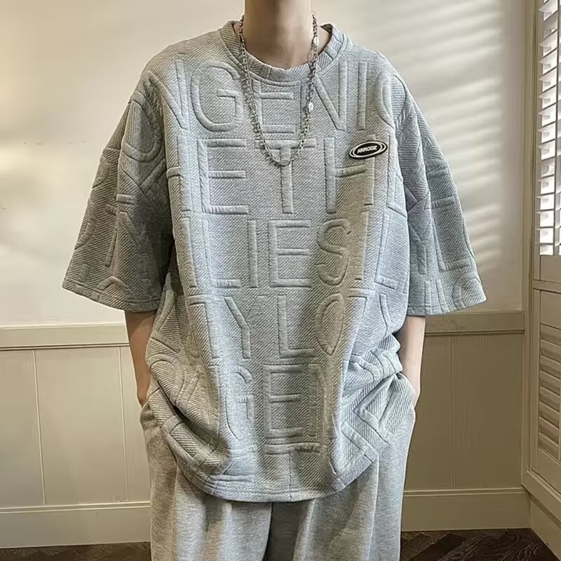 Summer Jacquard Short sleeved T-shirt Men's Trendy Brand Loose Heavy Half Sleeve Hong Kong Style Trendy Couple Versatile T-shirt Summer Jacquard Short sleeved T-shirt Men's Trendy Brand Loose Heavy Half Sleeve Hong Kong Style Trendy Couple Versatile T-shirt