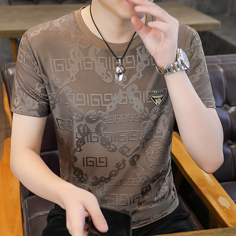 Ice silk thin short sleeved men's 2025 summer casual round neck cool jacquard stretch men's T-shirt