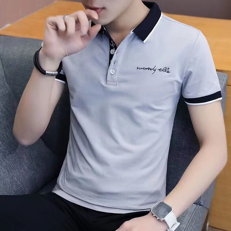 Short sleeved T-shirt men's polo shirt Korean version trendy brand slim fit ice silk T-shirt stand up collar half sleeved clothes Short sleeved T-shirt men's polo shirt Korean version trendy brand slim fit ice silk T-shirt stand up collar half sleeved clothes