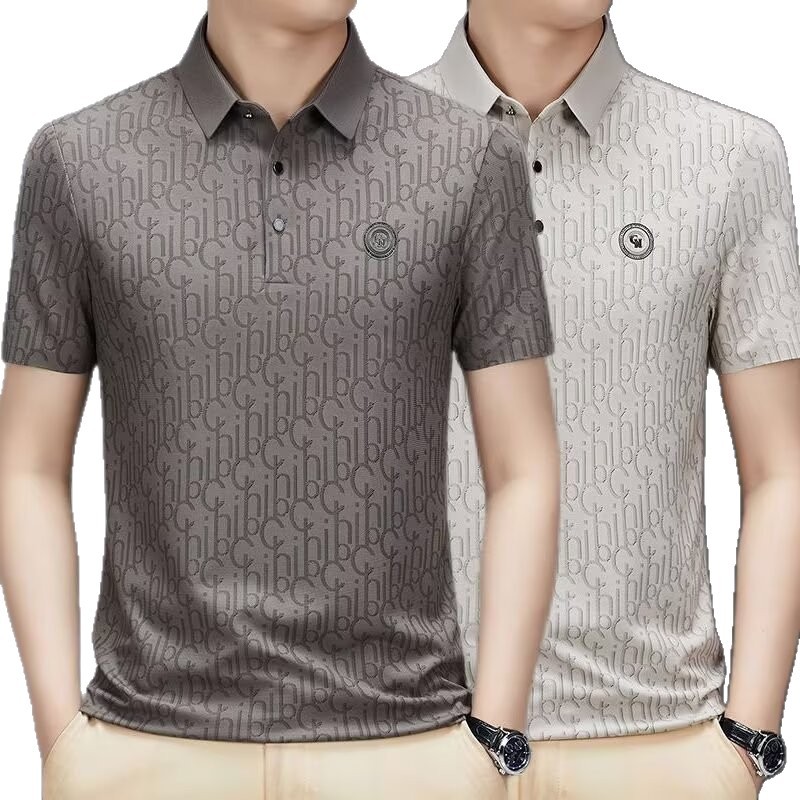 Men's short sleeved high-end father's casual thin half sleeved ice silk printed business polo shirt Men's short sleeved high-end father's casual thin half sleeved ice silk printed business polo shirt