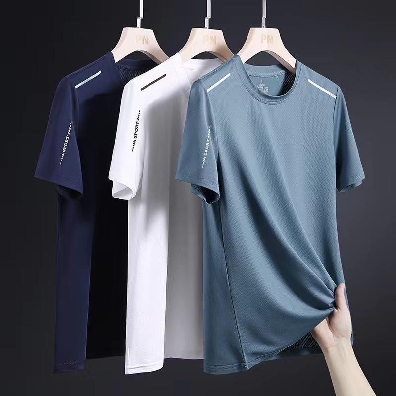 Men's ice silk short sleeved T-shirt for summer, solid color, loose fit, 2024 high elasticity, quick drying, sports and leisure