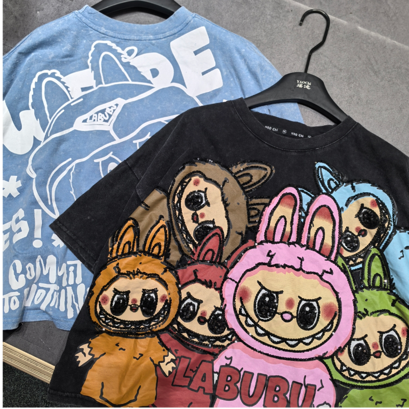 2025 Spring/Summer New Sweet Age Reducing Washed Cartoon Labubu Small Loose Casual Short Sleeve T-shirt for Women's Trendy 2025 Spring/Summer New Sweet Age Reducing Washed Cartoon Labubu Small Loose Casual Short Sleeve T-shirt for Women's Trendy