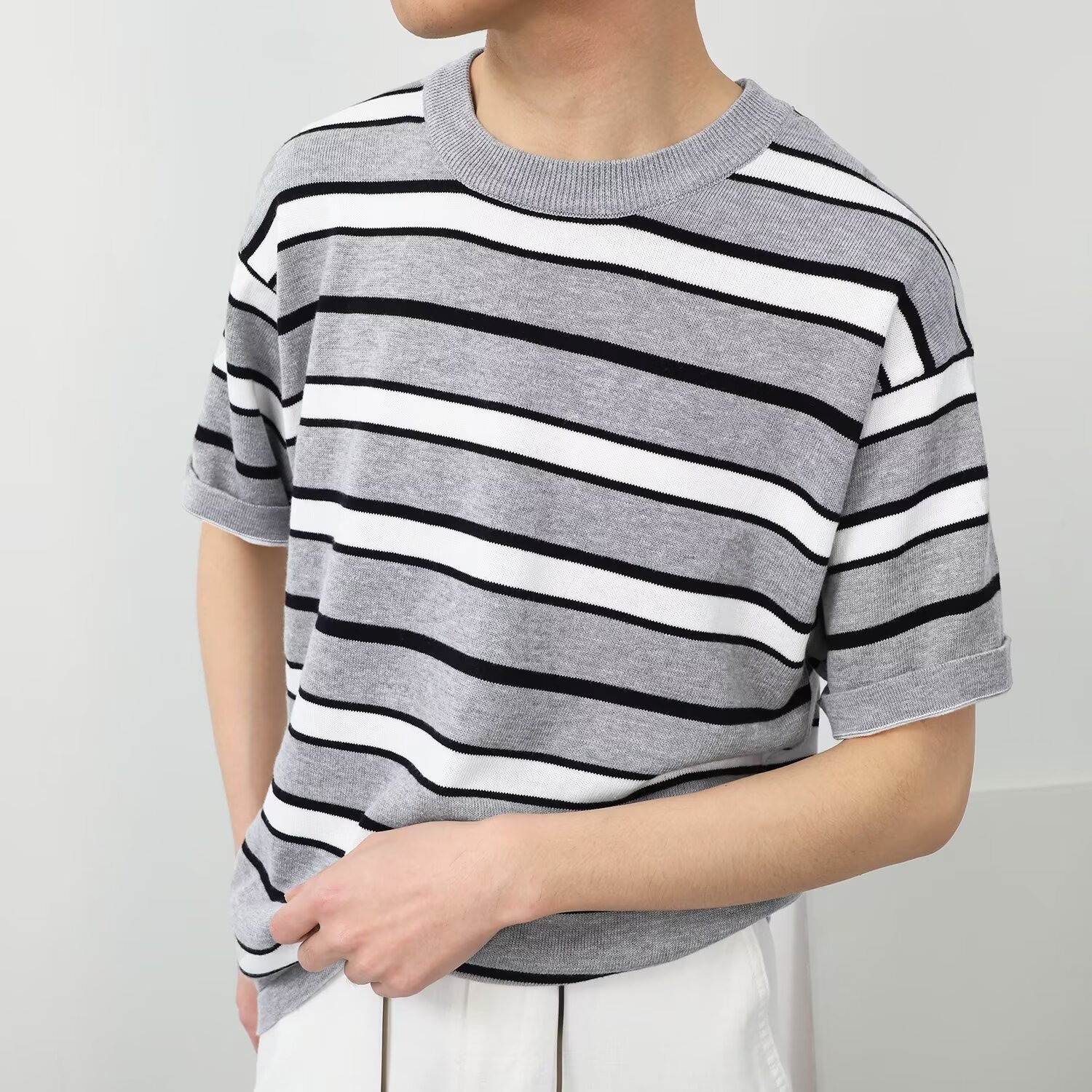Striped Knitted Shirt Men's Trendy Versatile Casual Short Sleeve T-shirt Men's Round Neck Half Sleeve T-shirt Base Shirt T Striped Knitted Shirt Men's Trendy Versatile Casual Short Sleeve T-shirt Men's Round Neck Half Sleeve T-shirt Base Shirt T