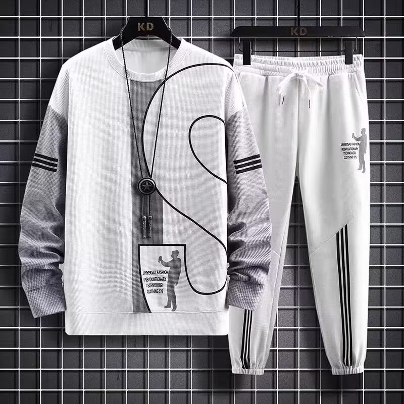 Clothing, sports and leisure suit, autumn new style, color blocking trend, Hong Kong style, loose fit, Waffle round neck hoodie Clothing, sports and leisure suit, autumn new style, color blocking trend, Hong Kong style, loose fit, Waffle round neck hoodie