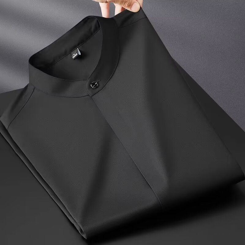 Silky and wrinkle free stand up collar long sleeved shirt for men in spring and autumn, slim fit solid color shirt for men in casual and business attire, inch length shirt