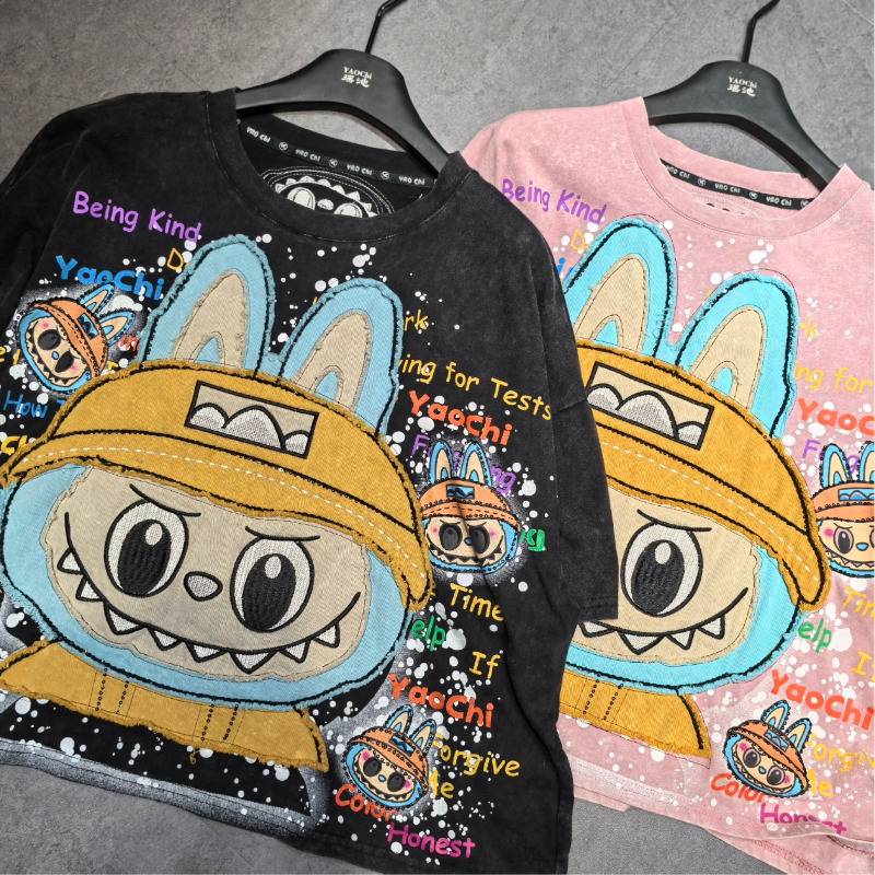 2025 Top selling Labubu Small and Skinny T Couple Cute Male and Female Heavy Industry Extra Large Bead Embroidered Short Sleeve 2025 Top selling Labubu Small and Skinny T Couple Cute Male and Female Heavy Industry Extra Large Bead Embroidered Short Sleeve