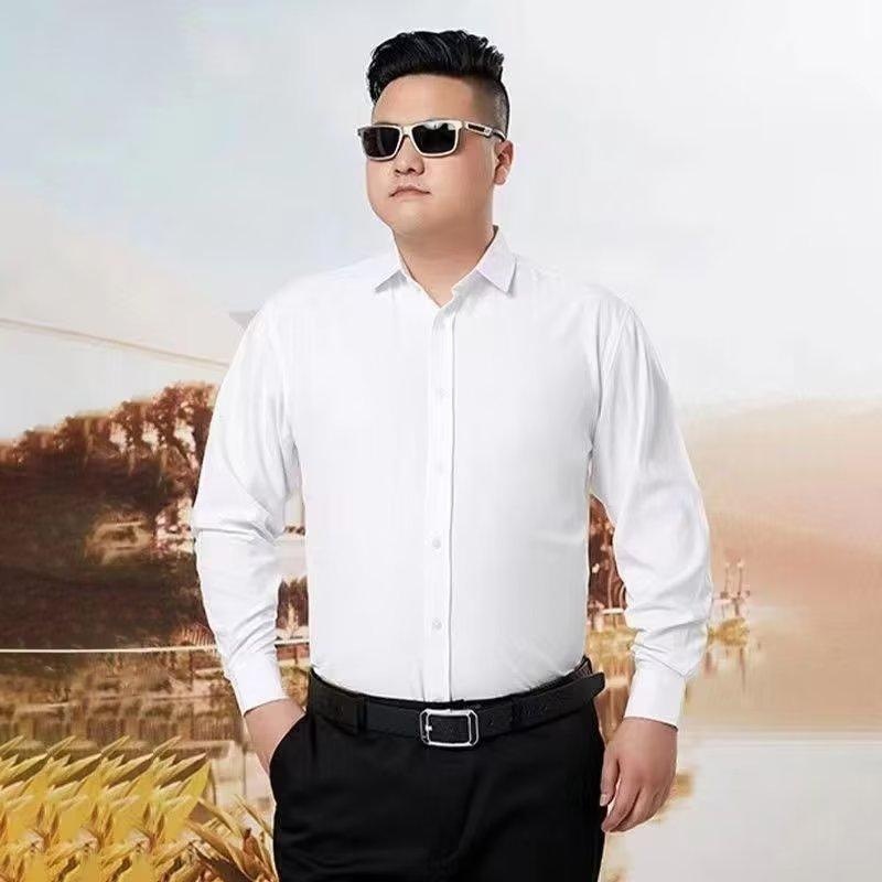 Men's plus size long sleeved white shirt, fat business formal wear, plus fat, plus size shirt, solid color, loose, ironless workwear