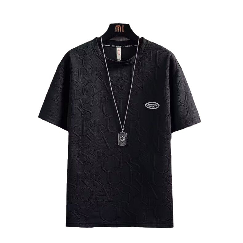 Summer Jacquard Short sleeved T-shirt Men's Trendy Brand Loose Heavy Half Sleeve Hong Kong Style Trendy Couple Versatile T-shirt Summer Jacquard Short sleeved T-shirt Men's Trendy Brand Loose Heavy Half Sleeve Hong Kong Style Trendy Couple Versatile T-shirt